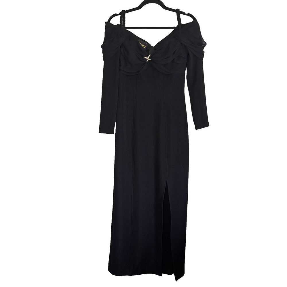 Vintage 80s Black Sweetheart Cocktail Formal Party Slit Dress 6 Womens Chiffon